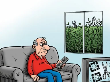 En man ser besviken ut framför en tv med vassa klipp och en oklippt häck syns genom fönstret.