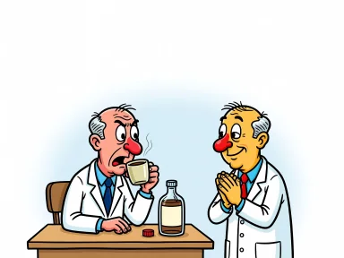 En läkare grimaserar när han dricker kaffe med en flaska hostmedicin bredvid.