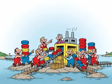 En fabrik på en holme i en svensk skärgårdsstad tillverkar stora runda tabletter.