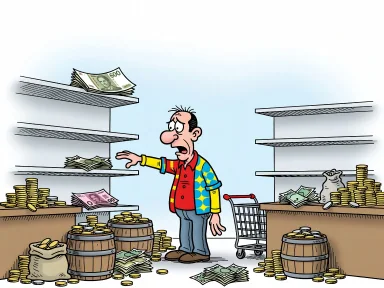 En tecknad person ser besviken ut i en butik med högar av mynt och sedlar.
