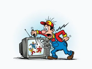 En tecknad person som arbetar med en öppen TV-apparat får en kraftig ryckning i kroppen medan skärmen visar ett händelserikt program.