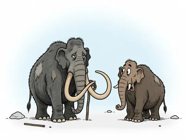 En gammal mammut med överdrivet långa betar använder dem som käppar för att stödja sin böjda rygg.