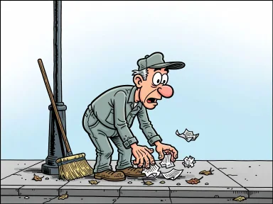 En tecknad gatustädare plockar upp skräp med händerna på trottoaren.