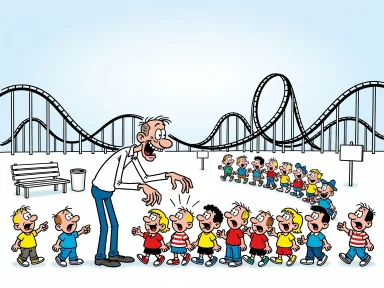 En två och en halv meter lång man räknar barn i kö framför en lek på Gröna Lund.