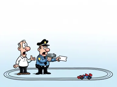 En man står vid sin bilbana medan en polis riktar en fartkontroll mot en leksaksbil och håller fram en bot.