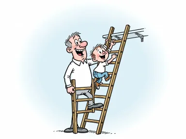 En pappa med stegpinnar som ben och ett barn som klättrar upp på honom.