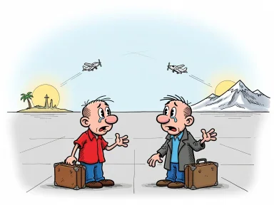 Två bröder står isär på en flygplats och vinkar till varsitt flygplan som flyger åt olika håll.