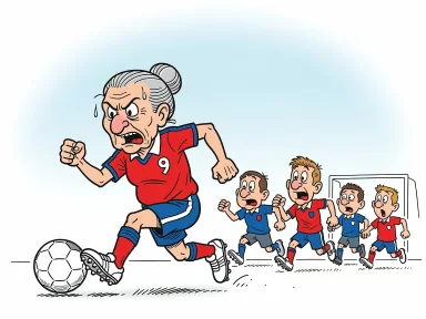 En mormor i fotbollskläder leder lagets anfall med bollen framför fötterna.