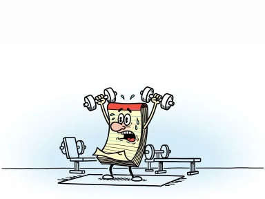 Ett skrivblock som tränar med hantlar på gymmet.