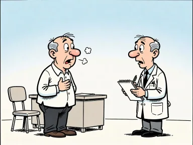 En läkare tittar på en patient som andas ut ett par små pustar med lättnad.