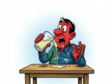 En tecknad figur som håller ett glas mot ansiktet men missar munnen så att drycken spills ner på hakan och skjortan.