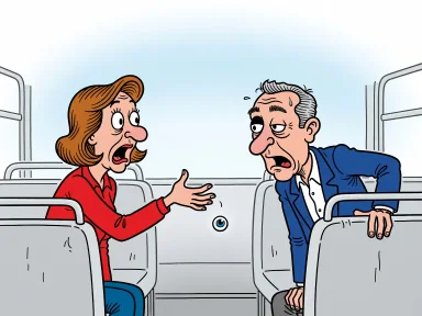 En kvinna fångar ett glasöga som ramlar från en mans ansikte inne på en buss.