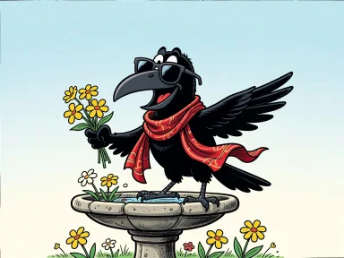 En kråka i trädgården poserar dramatiskt med solglasögon och scarf.