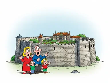 En familj tittar förvånat på ringmuren som omger en stor villa och dess trädgård.