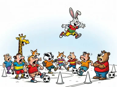 En liten kanin i fotbollskläder hoppar över en träningsgrupp på fotbollsplanen.