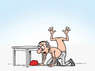 En tecknad person letar på golvet efter ett litet rött molnformat föremål.
