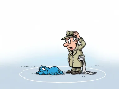 En tecknad polis kliar sig fundersamt i huvudet framför en liten blå figur som ligger på marken.