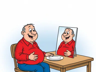 En tecknad man sitter vid ett middagsbord med en tom tallrik framför sig och klappar sig belåtet på magen medan en spegel visar honom hel och oförändrad.