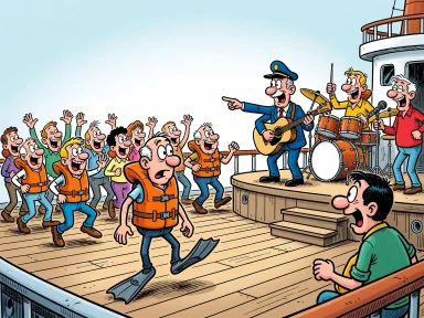 En förvirrad passagerare i flytväst och simfötter står på båtdäcket medan de andra dansar till bandet.