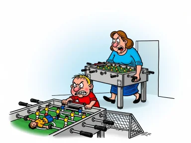 Ett barn står argt vid ett bordsfotbollsspel med en trasig figur och ett välta mål, medan mamman bär bort bordet.
