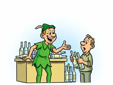 En kassör i grön Peter Pan-dräkt tar emot pantflaskor vid en återvinningsdisk.