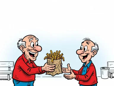En pensionär ger en påse överblivna pommes till en annan person.