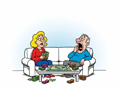 En man och hans flickvän sitter i en TV-studio med ett Monopolspel framför sig medan programledaren tappar intresset.