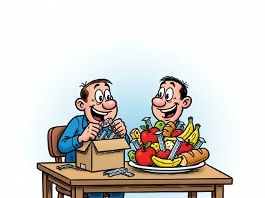 En glad figur sitter vid ett bord och äter häftklamrar medan maten på tallriken hålls ihop av häftklamrar.