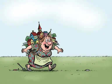 En moster bär iväg en hel by på ryggen.