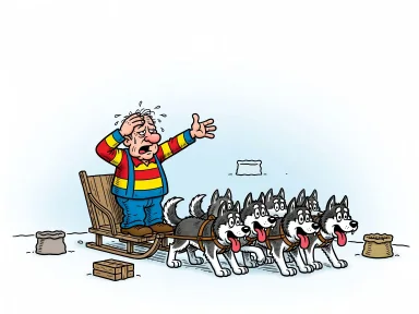 En trött tecknad man står bredvid en hundsläde där hundarna drar kraftigt i selarna.