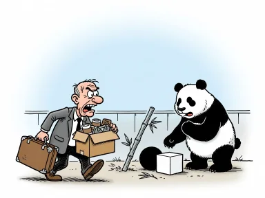 En sur djurvaktare går ut genom djurparksgrinden med resväska och låda medan en panda står med armarna i kors och vänder sig bort från en grå bambustjälk.