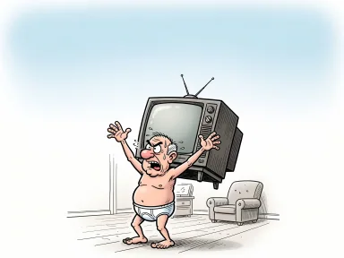 En man försöker dra på sig en stor TV som en tröja.
