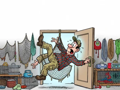 En person hänger upp och ner i ett nät efter att ha öppnat en butiksdörr.