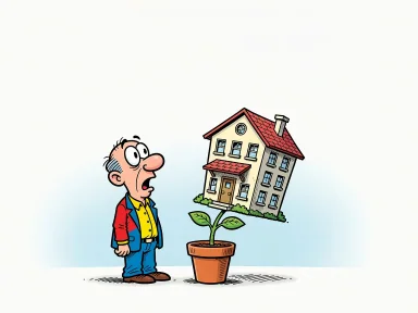 En tecknad figur står bredvid en liten kruka och tittar förvånat upp mot en stor villa som vuxit fram ur plantan.