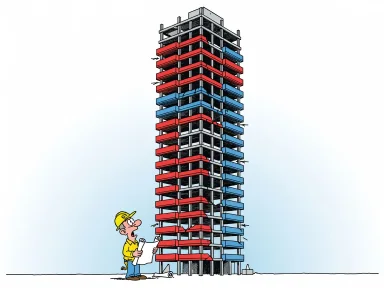 En ny skyskrapa där varje våning har tydliga byggfel som hängande balkonger och sneda väggar.
