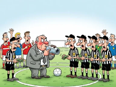 En tecknad figur blåser i en stor visselpipa riktad mot några skumma domare på fotbollsplanen.
