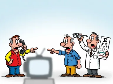 En person står bredvid en suddig TV och håller en telefonlur medan supportpersonalen pekar mot en optiker med glasögon och en synundersökningstavla.