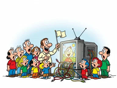 En guide leder en familj runt bakom en tv och pekar på alla kablarna.
