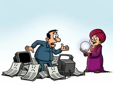 En tecknad figur tittar missnöjt på dystra tidningar och tv-skärmar och vänder sig sedan mot en glad spådam med kristallkula.