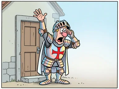 En riddare i hel rustning kommer hem i gryningen.