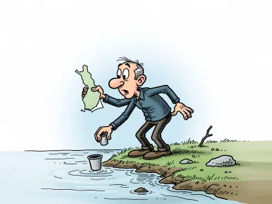 En tecknad figur står vid en älv, håller en karta över Finland och doppar en kopp i vattnet.