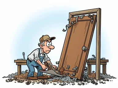 En person hyvlar botten på en dörr som är för lång för karmens höjd.