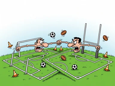 En fotbollsplan och en rugbyplan slåss med varandra på en gräsmatta.
