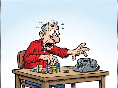 En man tittar förskräckt på sin handled som arrangerar små föremål på bordet bredvid en telefon.