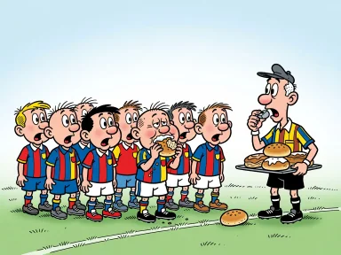 En tecknad scen med barn som spelar fotboll på en plan med semlor synliga.