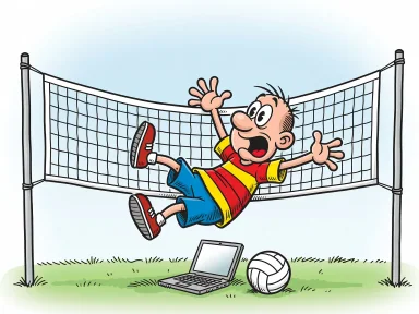 En pojke hänger i ett volleybollnät och viftar med armarna mot en dator på marken.