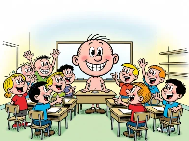 En tecknad klassrumsscen med en elev som bara är ett stort huvud med armar och ben, omgiven av glada klasskamrater som pekar mot den.