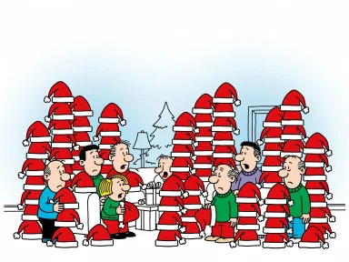 En julklappöppningsscen där flera personer omges av högar med likadana mössor.