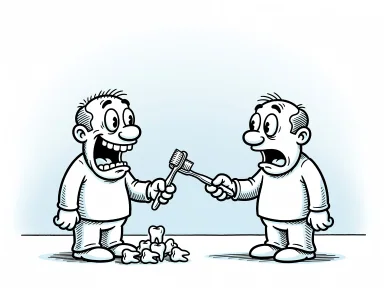 En tecknad figur tar emot en tandborste men tappar tänderna på golvet.