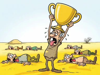 En törstig tecknad man i öknen håller upp en stor gyllene pokal.